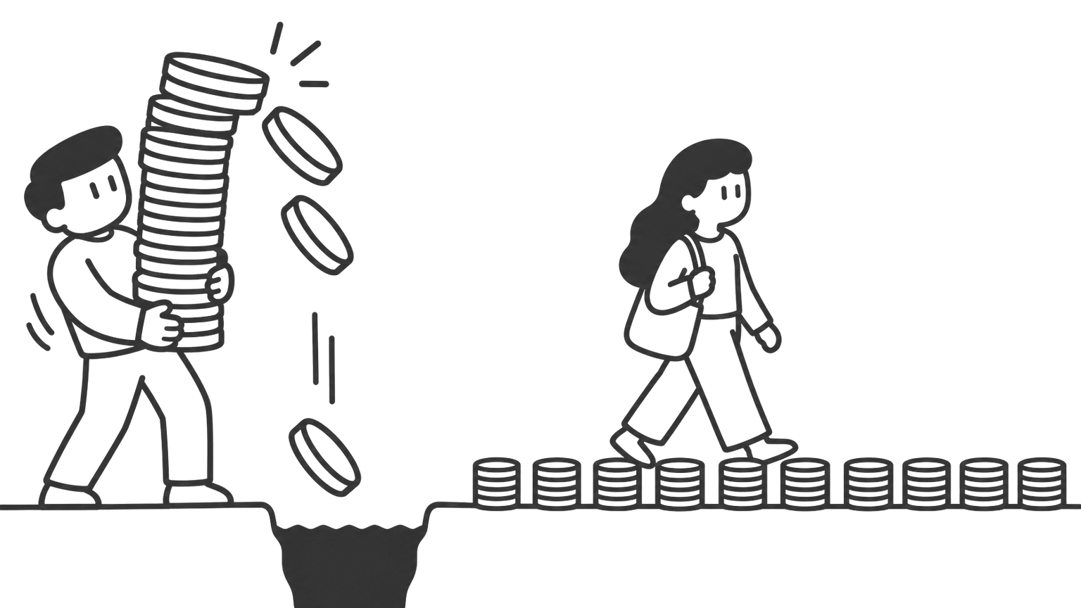 A man carries one tall pile of coins and part of it falls into a pit. A woman walks past ten small piles, and nothing is lost.