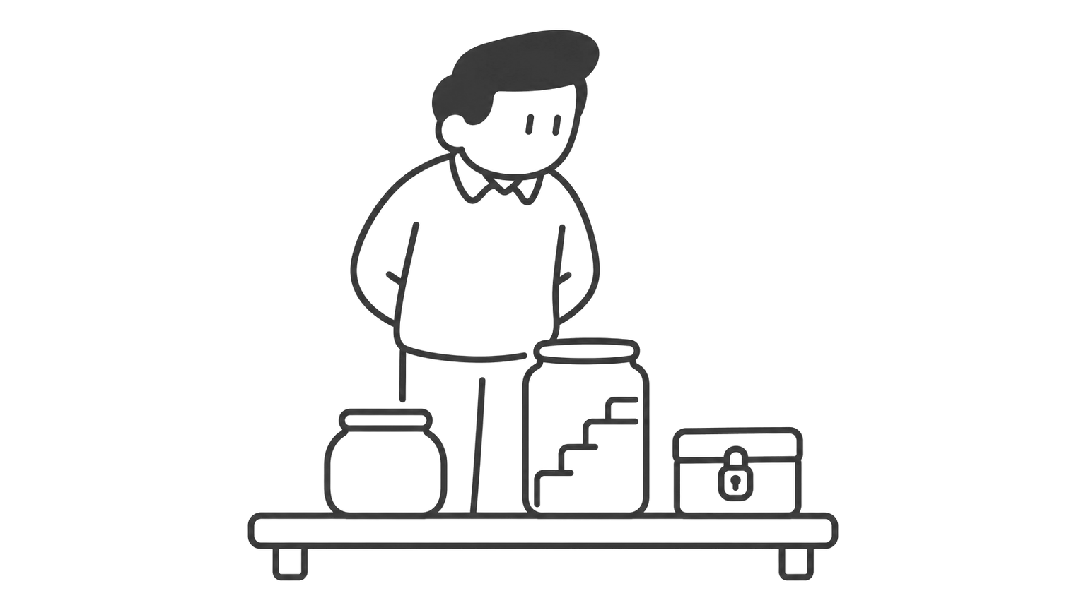 A man looks at three containers on a shelf: a short jar, a tall jar with steps inside and a locked box.