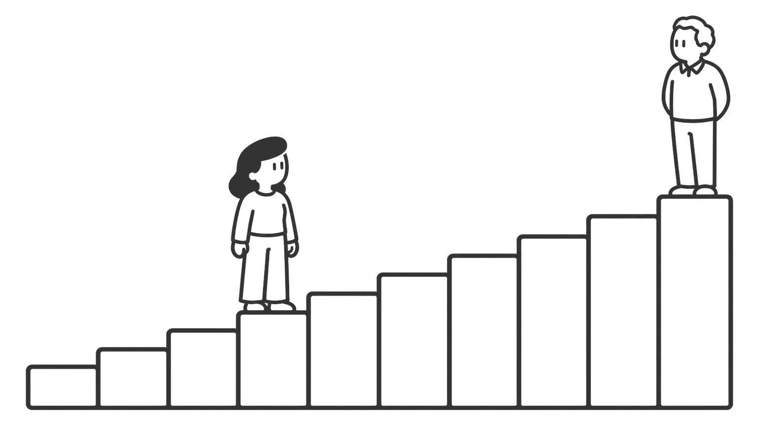 A staircase of ten steps rising from left to right, each a little taller than the one before. A woman stands on the fourth step and a man stands on the top step.