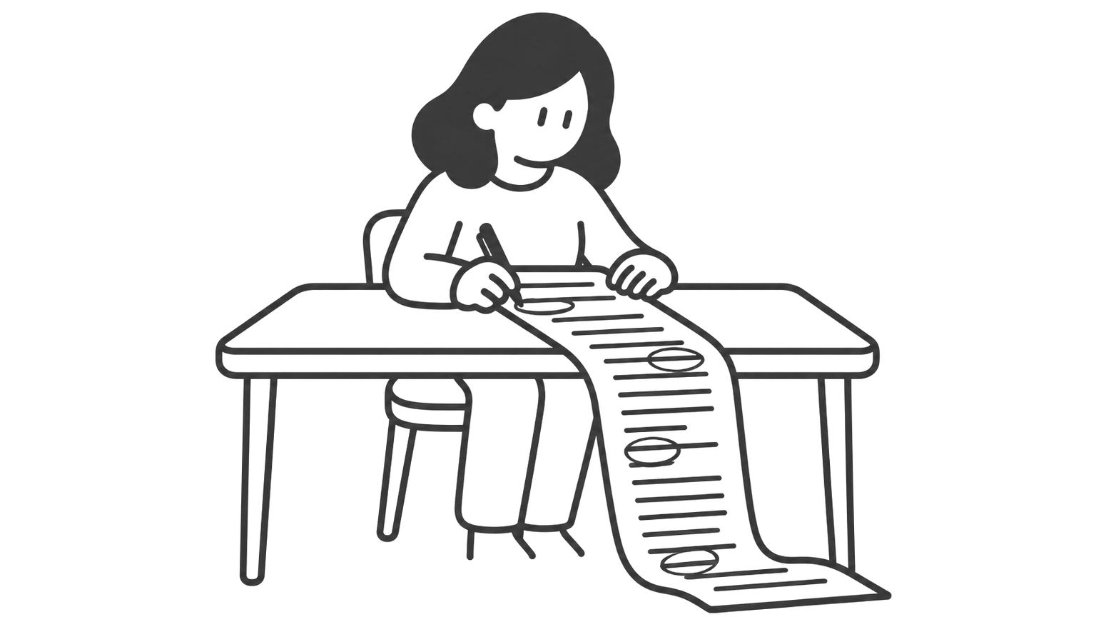 A woman circles repeated lines on a long printed statement with a pen.