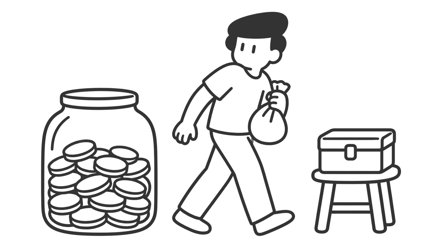 A man carries a bag of coins from a large jar towards a small box, looking back at the jar.