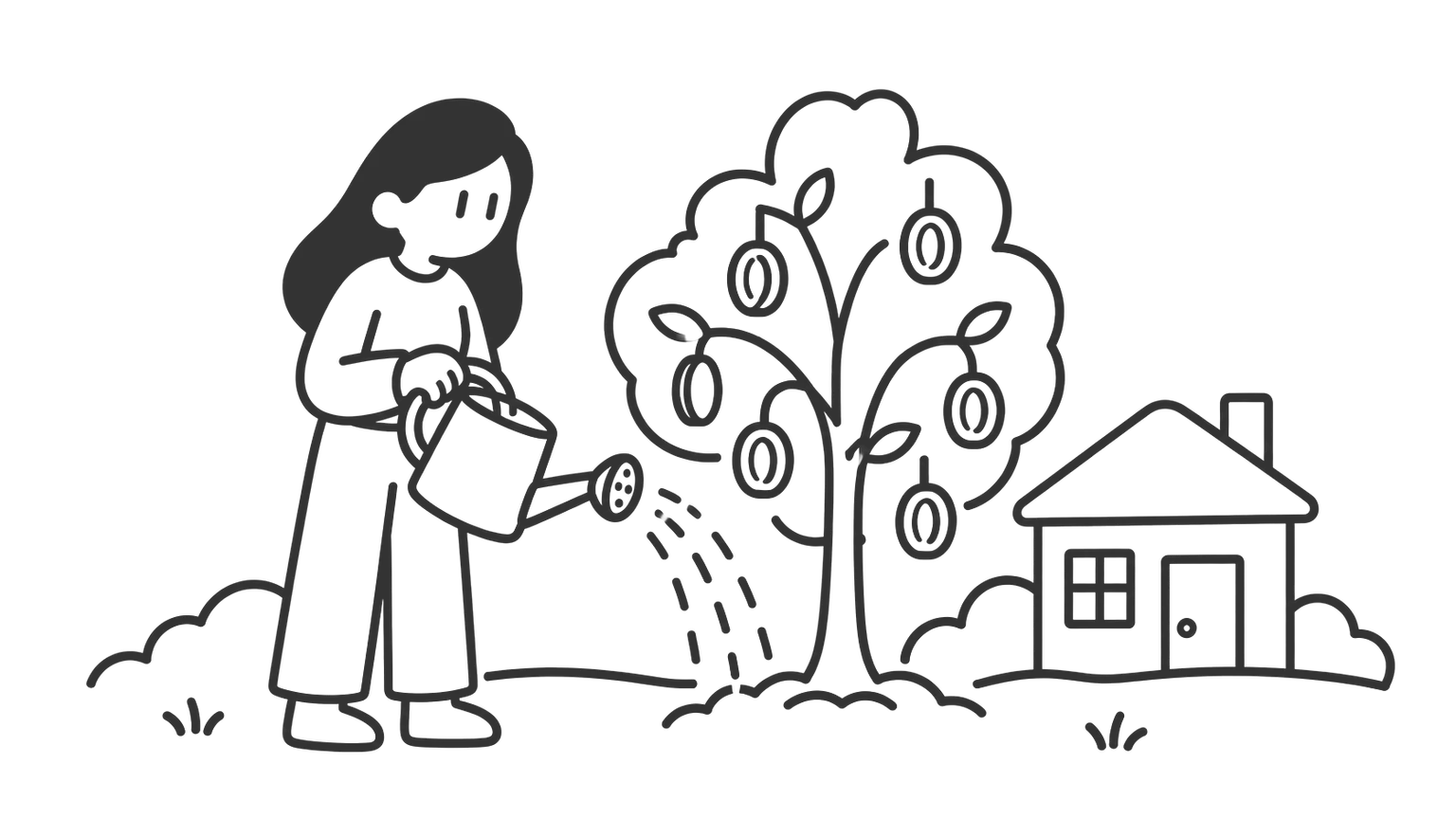 A young woman waters a small tree with coins hanging from its branches.