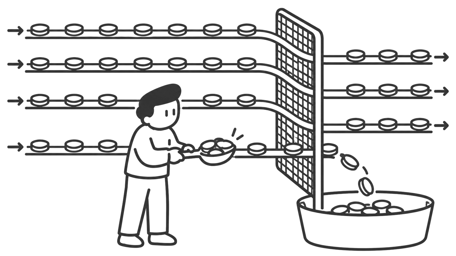 Four lines of coins roll towards a filter. A man scoops part of the bottom line into a basin, as rent is taxed and the other kinds of income pass untaxed.