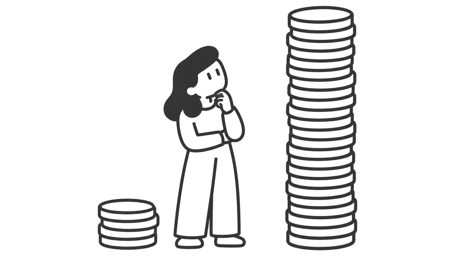 A woman stands between two stacks of coins built up year by year. The left stack stays short. The right stack rises far above her head.