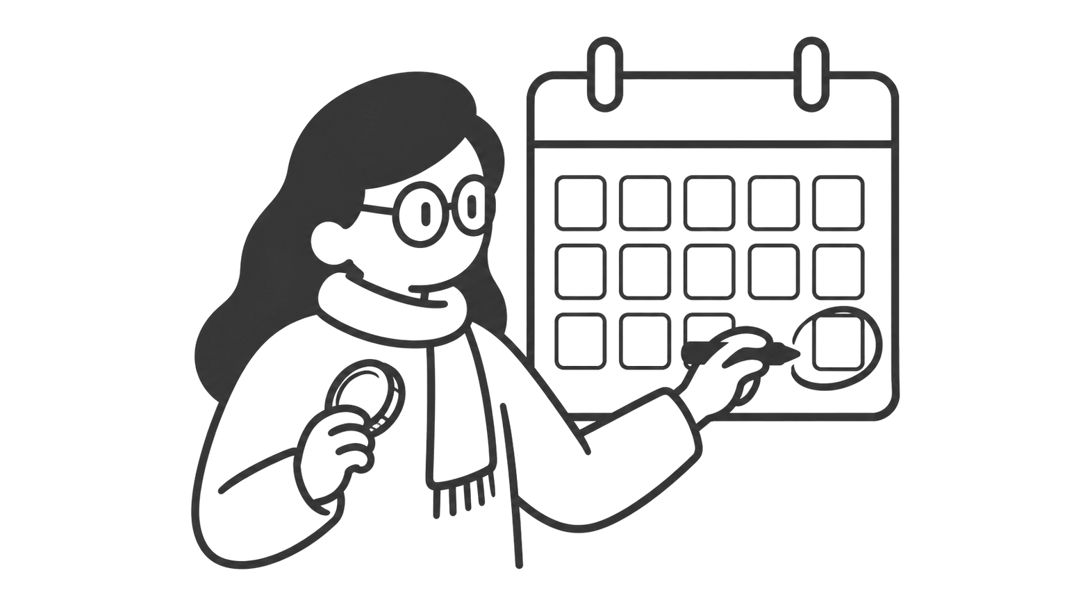 A woman marks a date near the end of the year on a wall calendar, holding a coin.