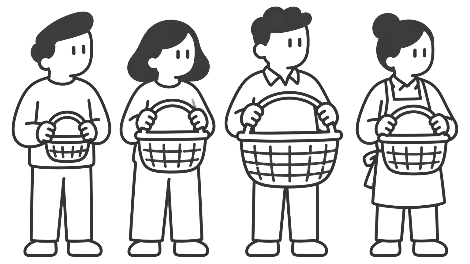 Four people with baskets of different sizes: a small basket, a medium one, a large one, and a medium one held by a person in a café apron.