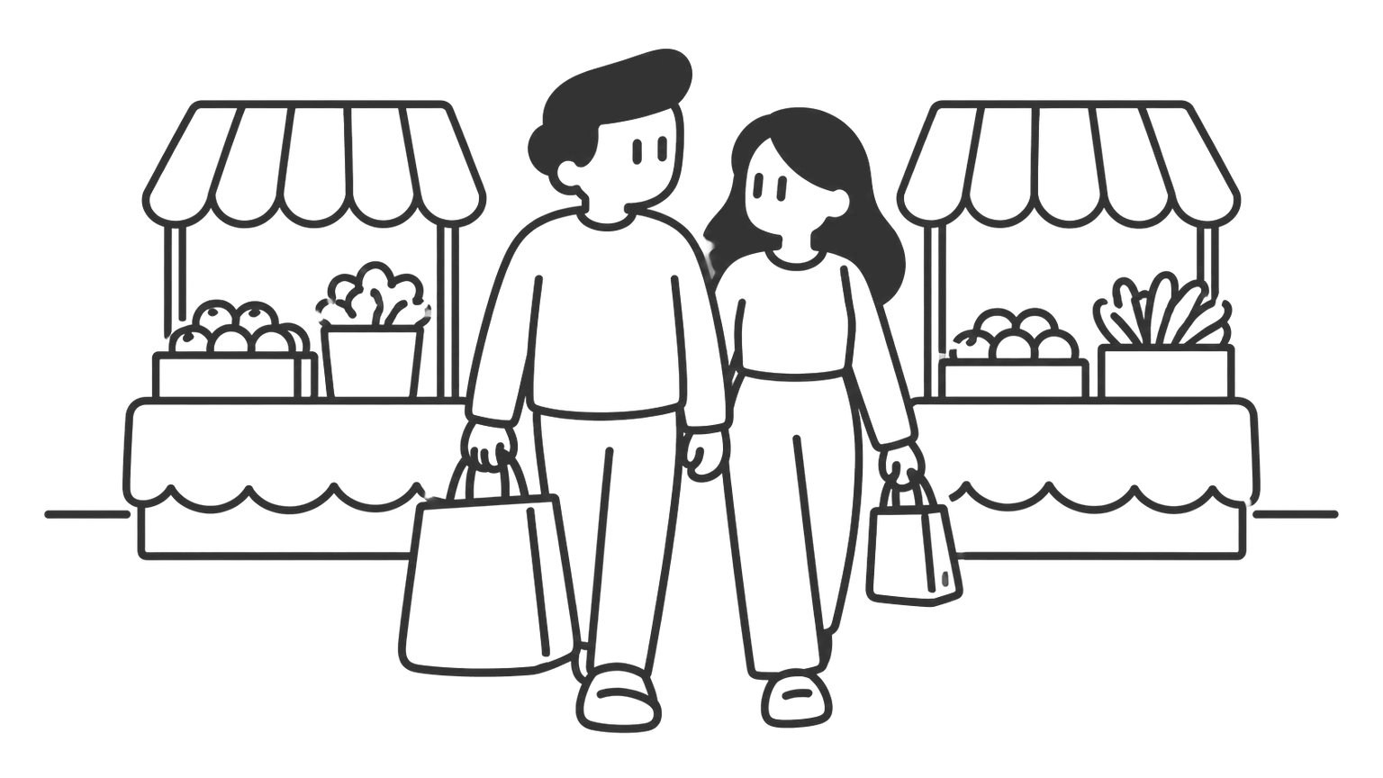 A couple walks through a market carrying shopping bags of different sizes.